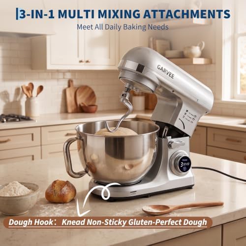 Garvee 5.3 QT Tilt-Head Stand Mixer, 500W Motor, 8-Speed Electric Kitchen Mixer with Stainless Steel Bowl, Dough Hook, Flat Beater & Wire Whisk for Bread Dough, Cake, Cookies & Pizza, Silver