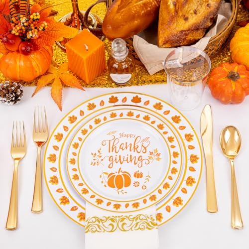 LIYH 175 Pcs Thanksgiving Plastic Plates and Napkins Sets, Thanksgiving Disposable Plates Heavyduty, Gold Plastic Silverware, Fall Pumpkins Plate for Autumn Harvest Day 25 Guests