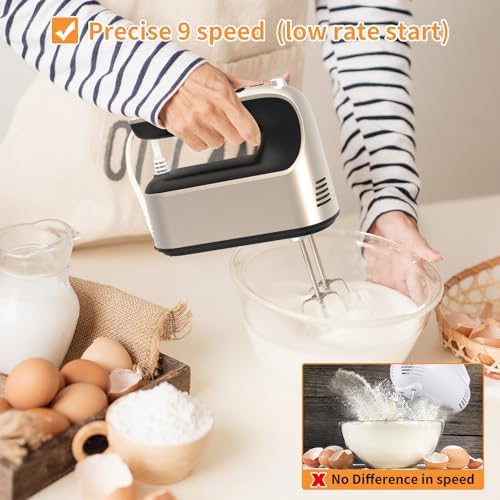 Yomelo 9-Speed Digital Hand Mixer Electric, 400W Powerful DC Motor, Hand Mixer Electric Handheld with Snap-On Storage Case, 5 Stainless Steel Accessories, Beaters, Dough Hooks, Whisk(Champagne Gold)