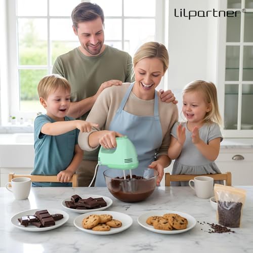 LILPARTNER Electric Hand Mixer with Storage Box, Ultra Power Kitchen Hand Mixer With 7-Speed & 5 Stainless Steel Accessories for Whipping Dough, Cream, Cake, Dishwasher Safe, LIGHT GREEN BOX