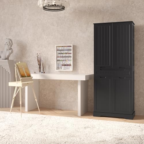 Gizoon Tall Kitchen Pantry Cabinet with Doors and Adjustable Shelves, Black