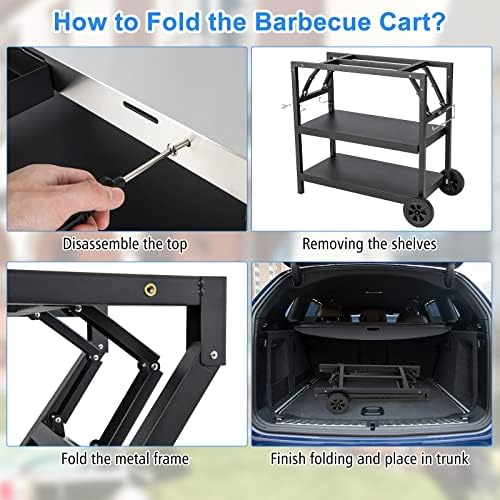 PETSITE Outdoor Grill Cart, Foldable BBQ Pizza Oven Stand, Movable Food Prep Table with Stainless Steel Tabletop & Wheels, Portable Griddle Dining Kitchen Island Cart Station for Bar Patio Outside
