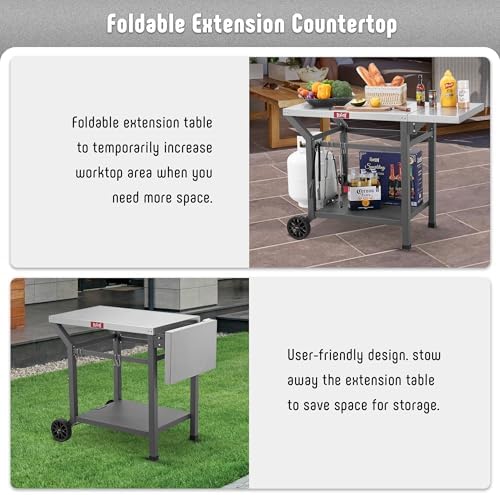 Feasto 43" Lx20 W Grill Table with Folding Side Table & Undershelf, Gray