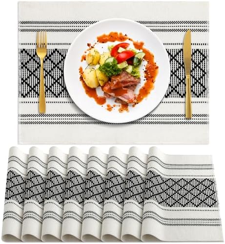 ADRIMER Placemats Set of 8, Boho Table Mats Cotton Blend, Durable Cloth Table Placemats Machine Washable, Rustic Place Mats for Dining Kitchen Table, 14 x 18 Inch, Black