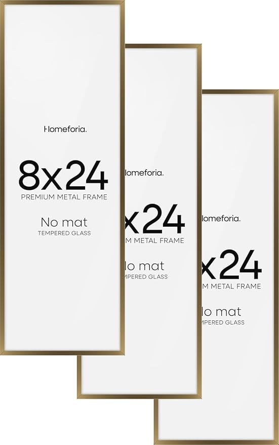 Homeforia 8x24 Bronze Panoramic Frame, High End Metal 8 x 24 Picture Frames without Mat, 24x8 Hanging Bronze Poster Frames for Wall, 8by24 inch Display Photo Frames, Tempered Glass, Wall Kit, Set of 3