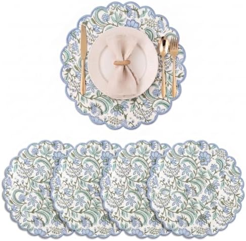 Ridhi Floral Block Print Round Placemats 15 Inch, Set of 4, Columbia Blue