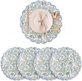 Ridhi Floral Block Print Round Placemats 15 Inch, Set of 4, Columbia Blue
