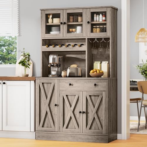 DWVO 71''H Pantry Cabinet with Drawer, Doors, Goblet Holder, Wine Rack for Storage, Pantry Cabinet with Power Outlet for Kitchen & Living Room (Grey Oak)