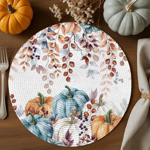 Fall Round Placemats Set of 6 Thanksgiving Teal Blue Pumpkin Place Mats Washable Woven Placemat Autumn Eucalyptus Leaves Circle Braided Table Mat for Kitchen Dining Table Holiday Party Decor 15 Inch