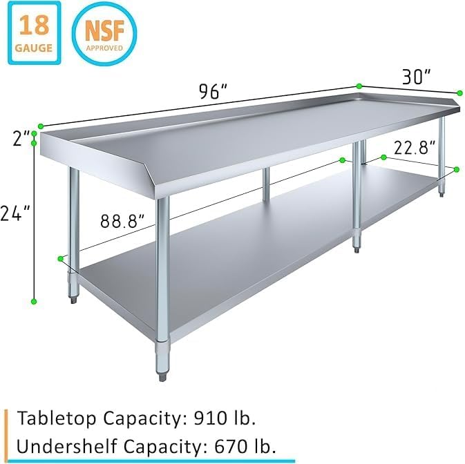 Stainless Steel Equipment Stand with Undershelf + Casters, Heavy Duty, Commercial Grade, NSF Certified (30" Width x 96" Length)