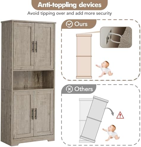 70" Kitchen Pantry Storage Cabinet, Freestanding Buffet Cabinet with Microwave Stand & 4 Door Shelves, Kitchen Hutch with Doors, Adjustable Shelves and Wine Rack,Grey.