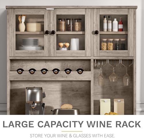 DWVO 71''H Pantry Cabinet with Drawer, Doors, Goblet Holder, Wine Rack for Storage, Pantry Cabinet with Power Outlet for Kitchen & Living Room (Grey Oak)