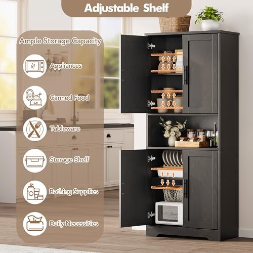 70" Tall Pantry Cabinet, Kitchen Pantry Cabinet with Doors and Adjustable Shelves, Freestanding Cupboard, Tall Storage Cabinet for Bathroom, Dining Room, Living Room, Black