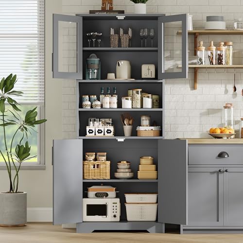 IDEALHOUSE 67-Inch Storage Cabinet with Glass & Wood Doors - 6-Shelf Modern Cupboard with Adjustable Shelves & Magnetic Base for Kitchen Pantry, Living Room, Bookcase，Bathroom Locker