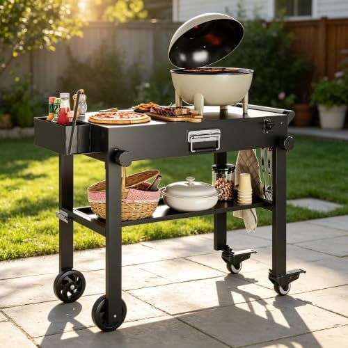 Takywep Black Folding Grill Cart, Portable BBQ Table with Wheels