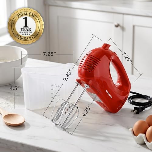 OVENTE 5-Speed Electric Hand Mixer with Storage Case, Red HM151R