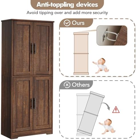 70" Freestanding Tall Pantry Cabinet,Modern Kitchen Hutch with Adjustable Shelves & Anti-toppling devices,Farmhouse Kitchen Storage with Elgant Handers ,Ideal for Dining Room,Living Room.Brown.