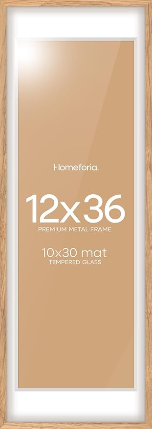 Homeforia 12x36 Wood Frame, High End Natural Oak 12x36 Light Wooden Picture Frame with Mat 10x30, 12 x 36 Poster Frames Matted to 10 by 30 Art, 36x12 Hanging Frames, Tempered Glass, Wall Kit, Set of 1
