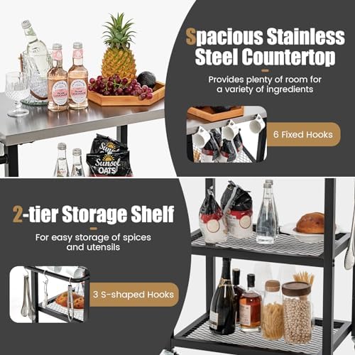 Byroce Grill Cart, 3-Shelf Outdoor Prep Table for Grill with Stainless Steel Top, 9 Hooks & Wheels, Movable Food Cooking and Pizza Oven Stand Table, Grill Table for Party BBQ Patio