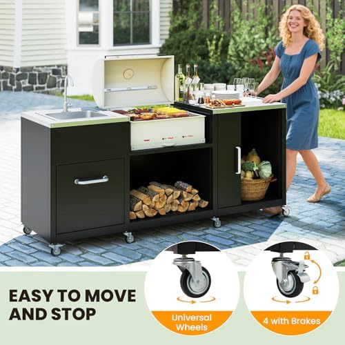Happygrill 80” Outdoor Grill Table with Sink & Drainage, Wheels