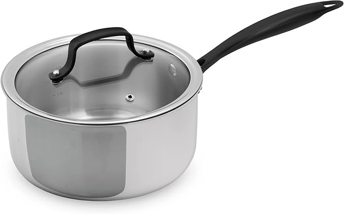 GrandTies Full-Clad Tri-Ply Stainless Steel Sauce pan Induction Cookware – 3 QT Stainless Steel Pot, Marquina Black Metal Handles Kitchen Cooking Pot with Lid, Dishwasher Safe Pots and Pans