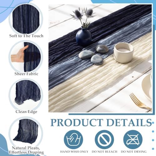 6 Pcs Navy and Dusty Blue Cheesecloth Table Runner 118" Coastal