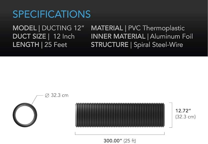 AC Infinity Flexible 12-Inch Aluminum Ducting, Heavy-Duty Four-Layer Protection, 25-Feet Long for Heating Cooling Ventilation and Exhaust