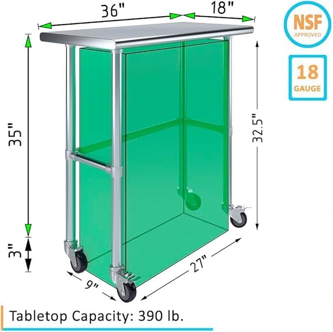 Stainless Steel Work Table Open Base & Wheels | Work Station | Metal Work Bench (Stainless Steel Work Table Open Base + Casters) (36" Long x 18" Deep)