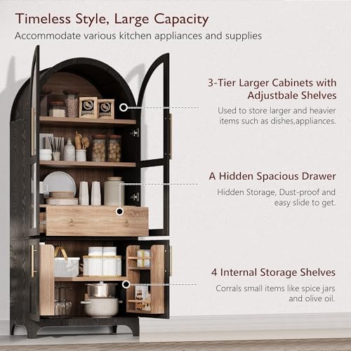 Merax 71" Farmhouse Arched Pantry Cabinet with Glass Doors & Hidden Drawer, Adjustable Shelves Storage Cupboard for Kitchen/Dining Room, Black