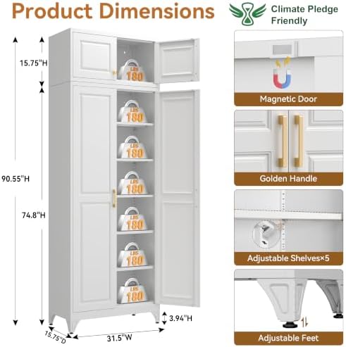 Polup 90" Pantry Cabinet, Tall Metal Storage Cabinet with Doors and Shelves