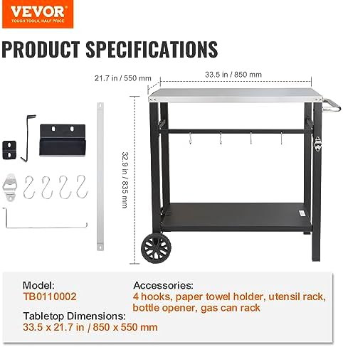 VEVOR Outdoor Grill Cart with Double-Shelf, BBQ Movable Food Prep Table with PVC Placemat, Black Iron Table Top, Portable Modular Carts for Pizza Oven, Worktable with 2 Wheels, Carry Handle