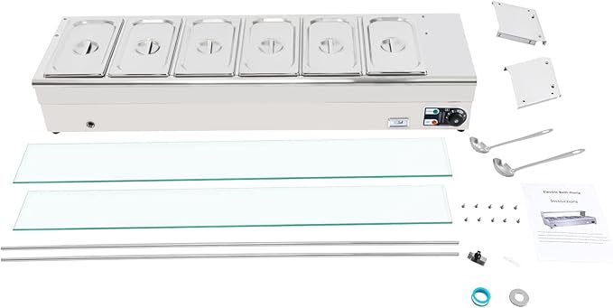DYNAMI 110V 1200W 6 Pan Commercial Buffet Food Warmer, 6 x 3.1QT 1/3 GN 6in Deep Stainless Steel Electric Countertop Steam Table with Glass Cover & Temperature Control,for Parties Buffet Catering