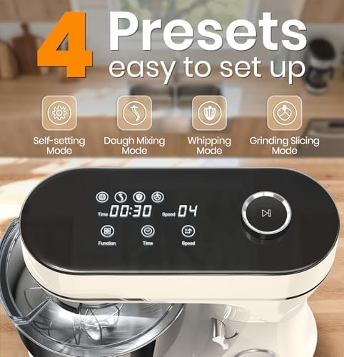 Stand Mixer 6QT Kitchen Mixer with LED Smart Touchscreen, 11-Speed Tilt-Head Mixer with Timer, 4 Preset Menus, Stainless Steel Bowl, Dough Hook, Whisk, Beater (White, 6Qt)