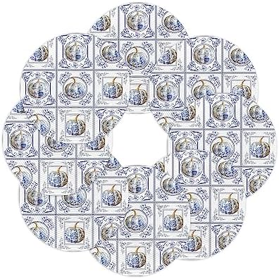 Round Placemats Set of 8 Flower Pumpkin Fall Place Mats Blue Floral Circle Braided Placemat Heat Resistant Table Mat for Thanksgiving Autumn Harvest Holiday Decorations, 13 Inch