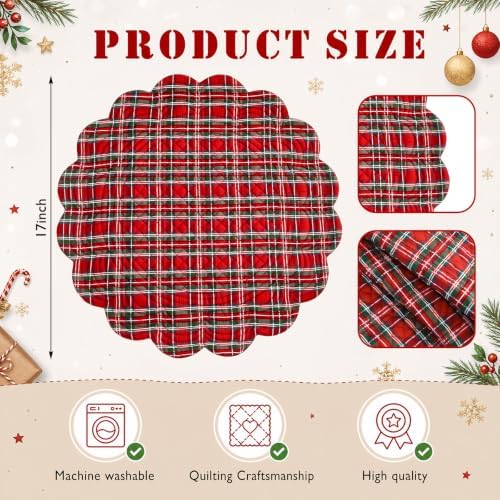 Beeveer 6 Pcs Quilted Placemats Round Plaid Red, Scallop Thanksgiving