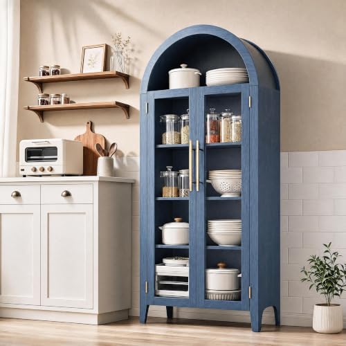 Garvee Arched Cabinet with Glass Doors, 5-Tier Kitchen Pantry Cabinet with Adjustable Shelves, Farmhouse Display Storage Cabinet for Dining Room, Living Room, Blue