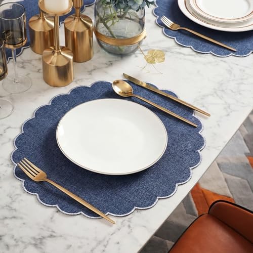 Set of 6 Navy Blue Cotton Placemats 15" Round Scalloped White