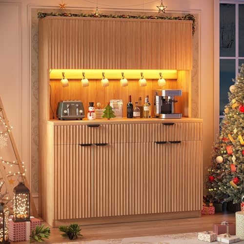 Jocoevol Fluted Kitchen Pantry Storage Cabinet with Charging Station & LED Lights,71" Tall Kitchen Hutch with Microwave Stand, Adjustable Shelves,Storage Doors (Natural, 47" W x71 Hx15.7 D)