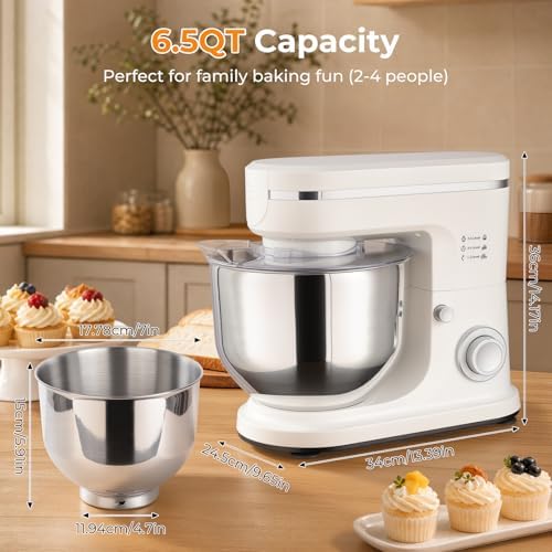6.5QT Stand Mixer, 700W 6-Speed Tilt-Head Electric Stand Mixer, 3-In-1 Kitchen Mixer with Bowl, Dough Hook, Wire Whisk & Flat Beater, Perfect for Bakery, Cake, Bread and Home Baking