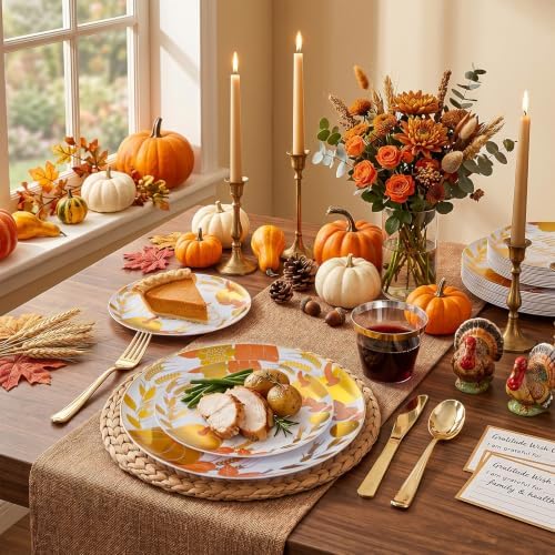 KIRE 150PCS Thanksgiving Plates Dinnerware Pumpkins - Plastic Thanksgiving Plates Include 25 for Dinner 25 for Salad 25Forks 25Knives 25Spoons 25Gold Cups for Fall/Friendgiving Party
