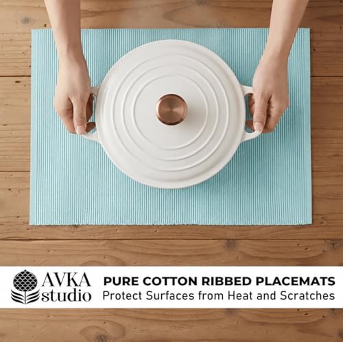 100% Cotton Ribbed Placemats - Set of 4-13 x 19 Inches - Light Blue - Everyday Cloth Table Mats - Thick Construction, Washable & Reusable Cloth Place Mats - by AVKA Studio