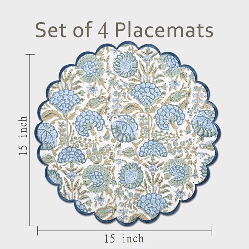 Ridhi Floral Block Print Round Placemats 15 Inch, Set of 4, Asparagus Green