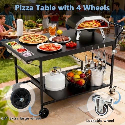 47" Outdoor Pizza Oven Table with Wheels, Grill Cart Table for Outside with Propane Tank Holder, Heavy Duty Pizza Oven Stand Prep Table for BBQ Patio Backyard Cooking