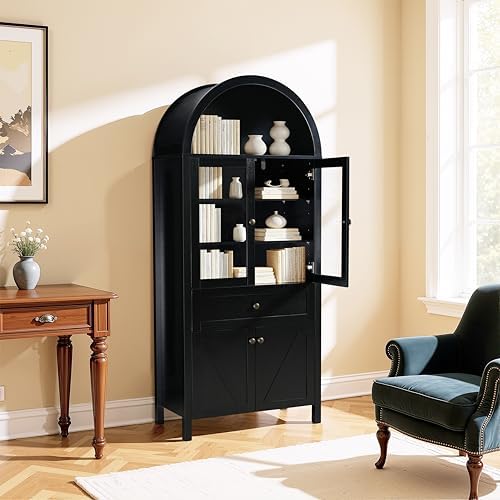 GDFStudio 71'' Arched Kitchen Pantry Cabinet, Wooden Pantry Cabinets for Kitchen Storage, Kitchen Storage Furniture with Adjustable Shelves, Multi-Functional Bookcase for Living Room, Black