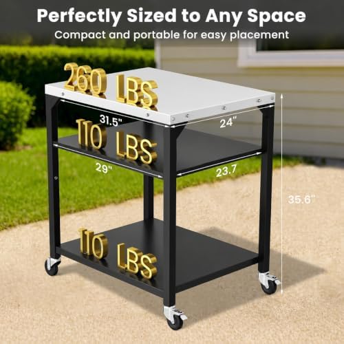 Hisencn 3-Tier Pizza Oven Table, Stainless Steel Outdoor Grill Prep Cart