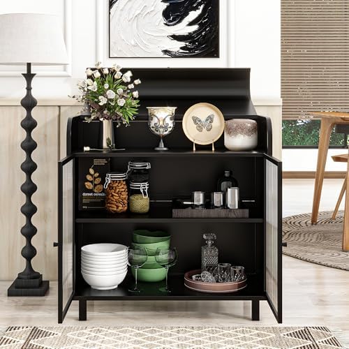 KEIKI 31" Kitchen Pantry, Modern Sideboard Buffet Cabinet with Figured Glass Doors & Flip Top & Open Shelves, Spacious Industrial Metal Organizer for Living Room & Kitchen