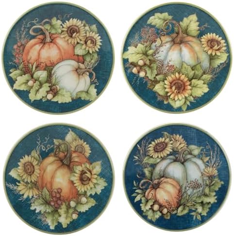 Autumn Breeze Set of 4 Earthenware Canape Plates – Delight guests with appetizers or desserts on these mini plates featuring charming autumn pumpkins and sunflowers 6"