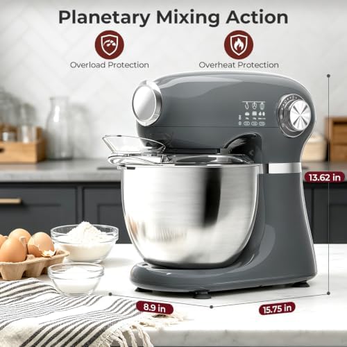 Electactic 5.3 Quart Electric Stand Mixer With 12 Speed, Low Noise, Grey