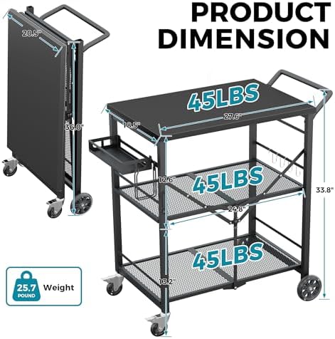 Ciokea Folding Outdoor Grill Cart with Wheels, All Black