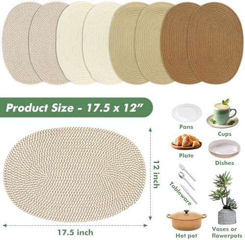 Oval Woven Placemats Set of 8 Heat Resistant Placemats 17.5 x 12 Inches Farmhouse Cotton Rope Place Mats for Dining Tables Trivets for Hot Dishes, Mixed Brown